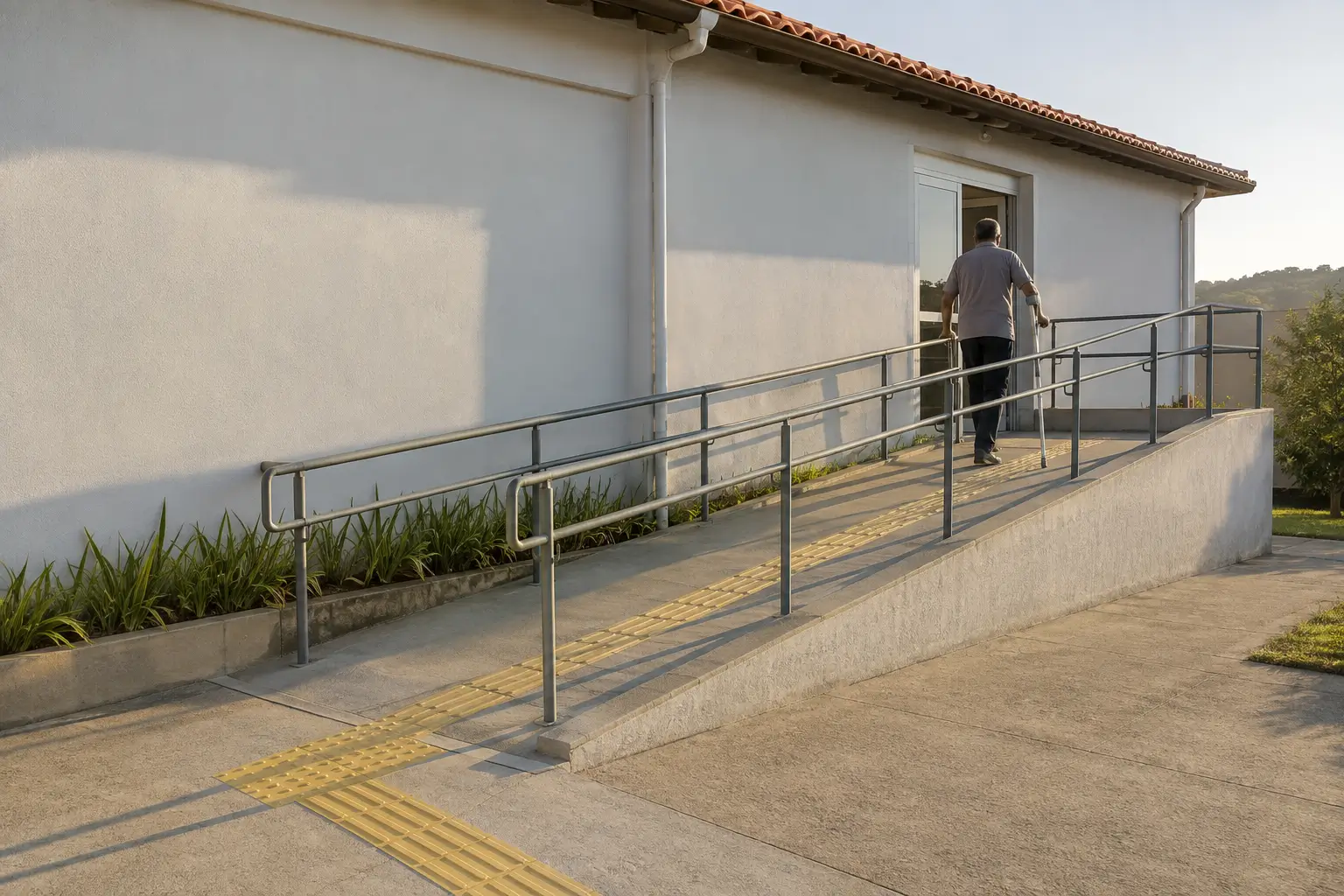 Homem usa muleta para subir uma rampa de acesso com corrimão e piso tátil amarelo, em direção à porta aberta da sede.