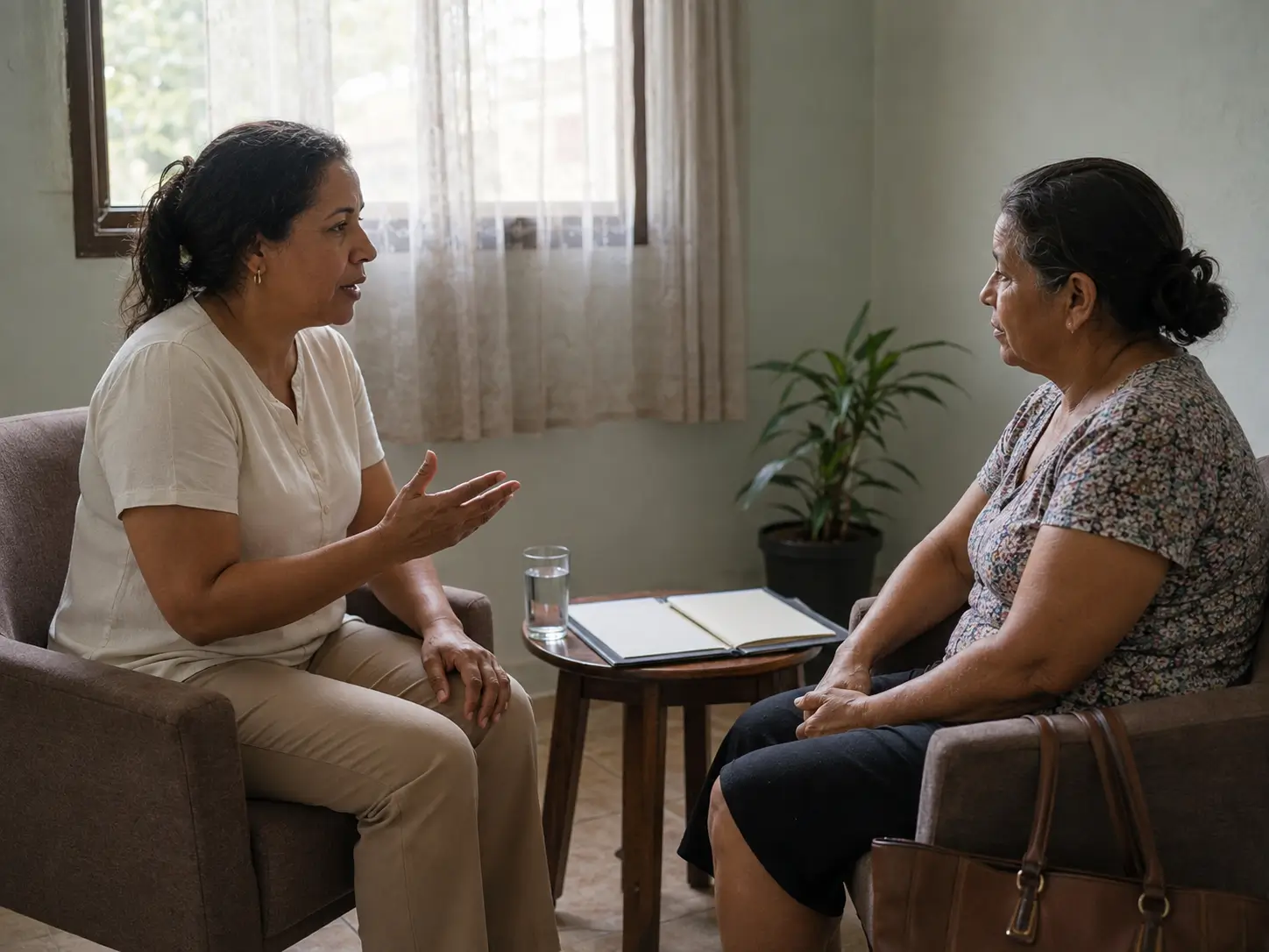 Duas mulheres conversam sentadas frente a frente em poltronas, com um caderno aberto sobre a mesinha entre elas.