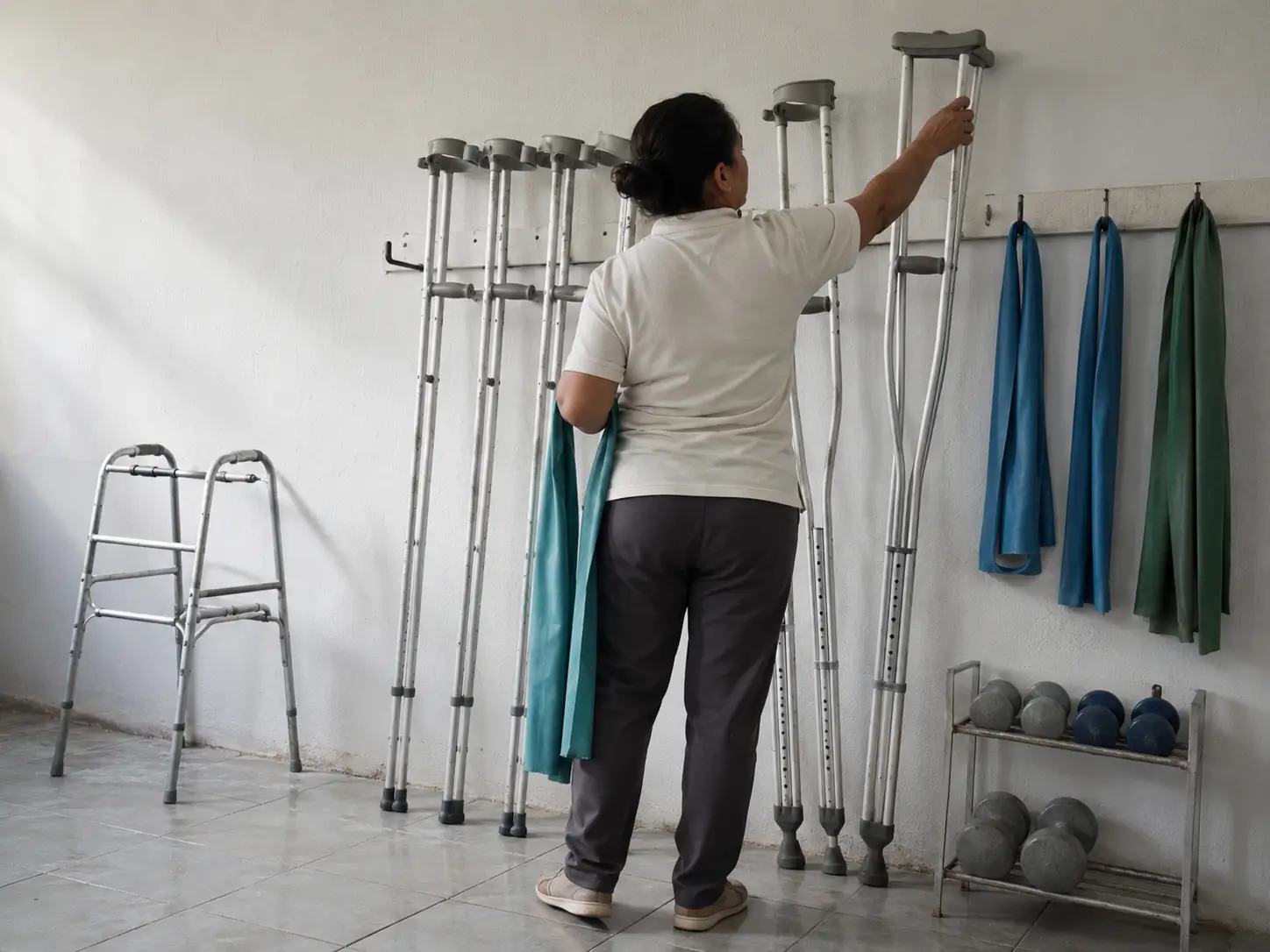 Profissional de costas organiza muletas em um suporte de parede, ao lado de andador, faixas elásticas e halteres usados na reabilitação.